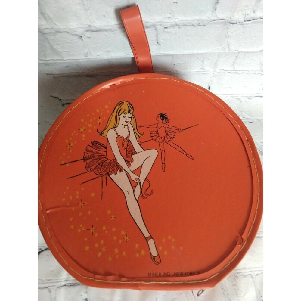 Vintage Round Zippered Ballet Box Carrying Case Dance Orange Photo Prop Decor